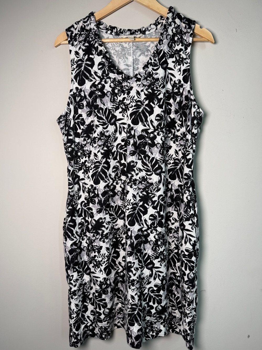 Briggs Tropical Floral Linen Shift Dress Black White Boho Resort Sz L